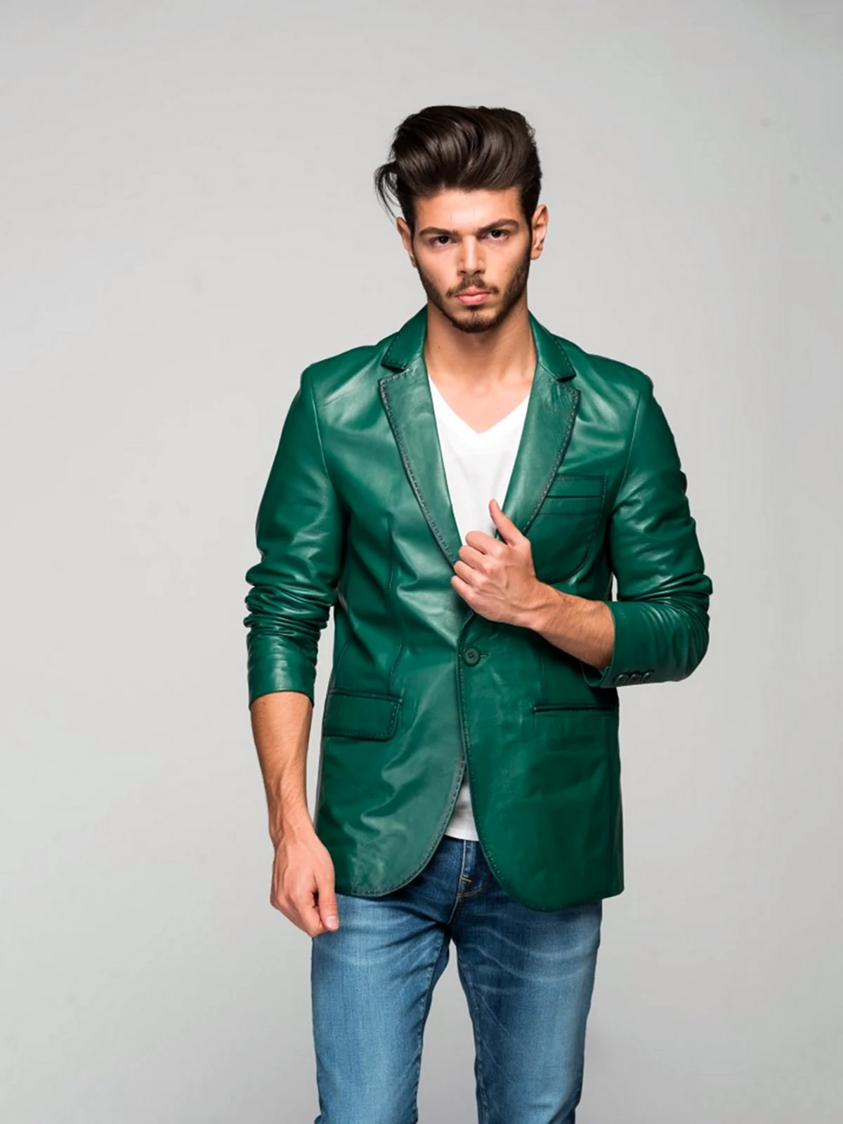 Зелёный кожаный пиджак мужской
