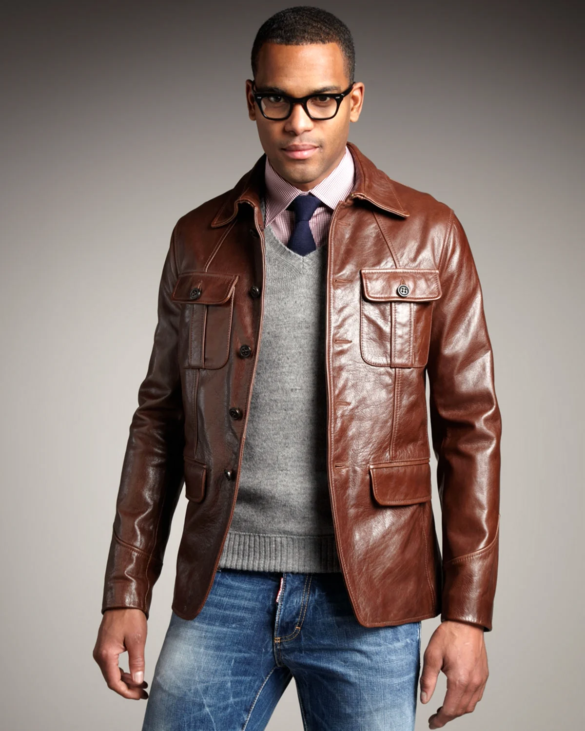 Коричневый кожаный пиджак мужской