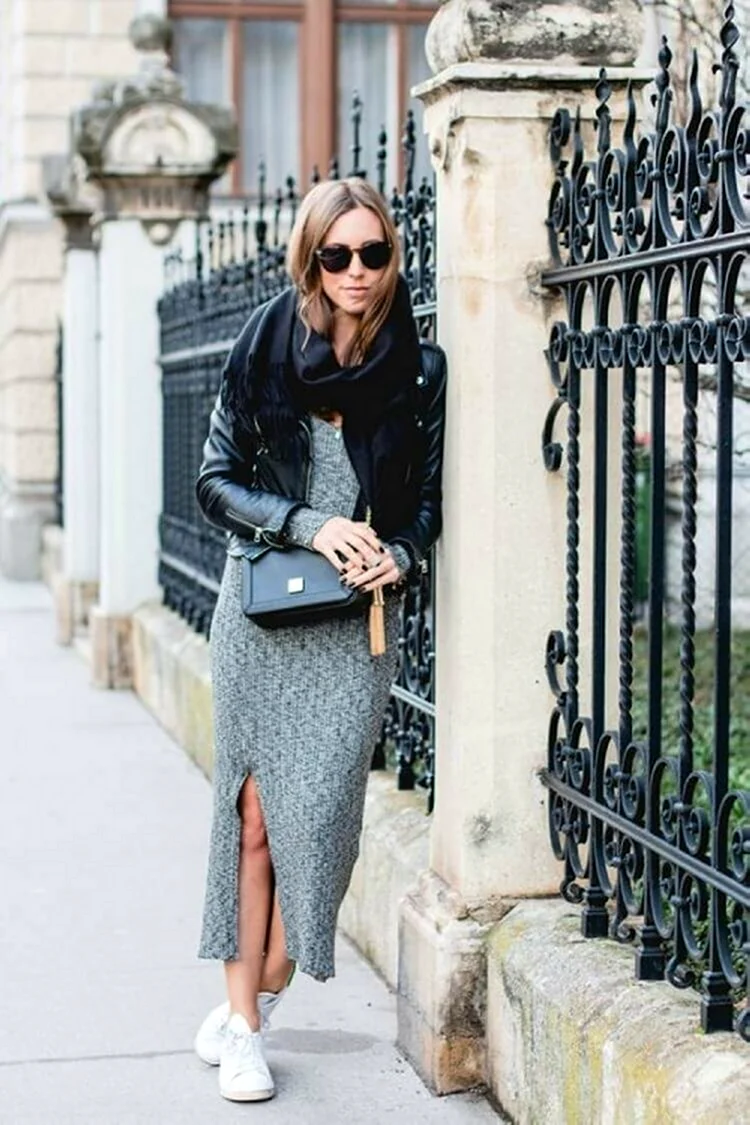 Платье лапша с кожаной курткой